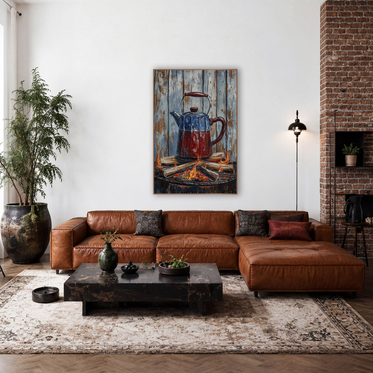 Campfire Enamel Coffee Pot Rustic wall art in a rustic western-style room – red and blue enamel coffee pot on a round