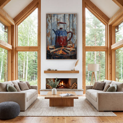 Campfire Enamel Coffee Pot Rustic wall art in a rustic western-style room – red and blue enamel coffee pot on a round