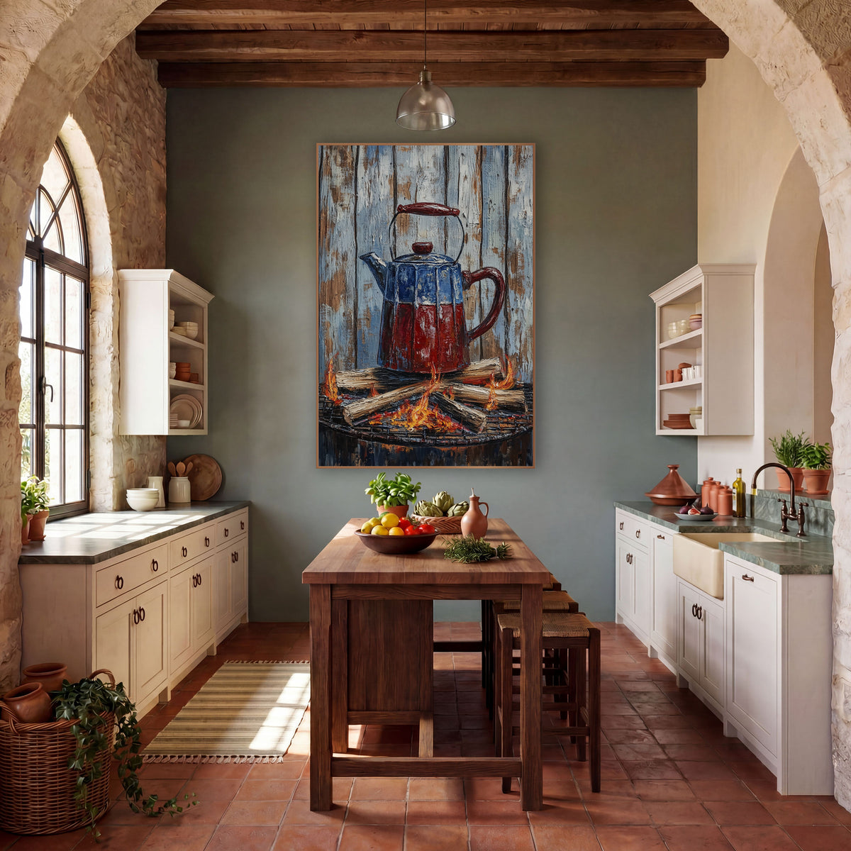 Campfire Enamel Coffee Pot Rustic wall art in a rustic western-style room – red and blue enamel coffee pot on a round
