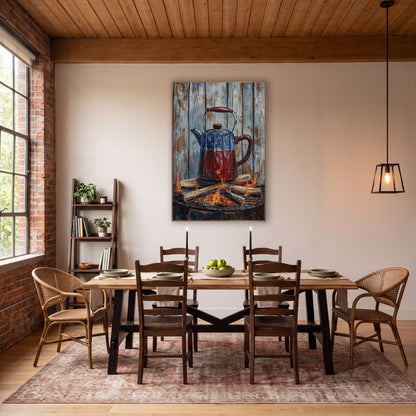 Campfire Enamel Coffee Pot Rustic wall art in a rustic western-style room – red and blue enamel coffee pot on a round