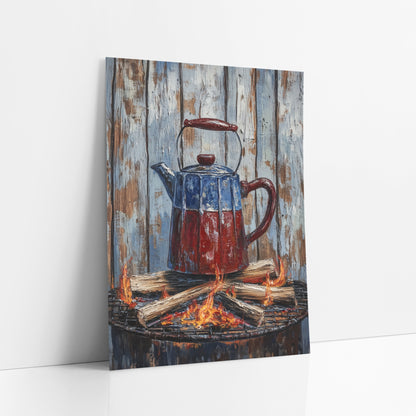 Campfire Enamel Coffee Pot Rustic art print leaning against a white wall – red and blue enamel coffee pot on a round grate