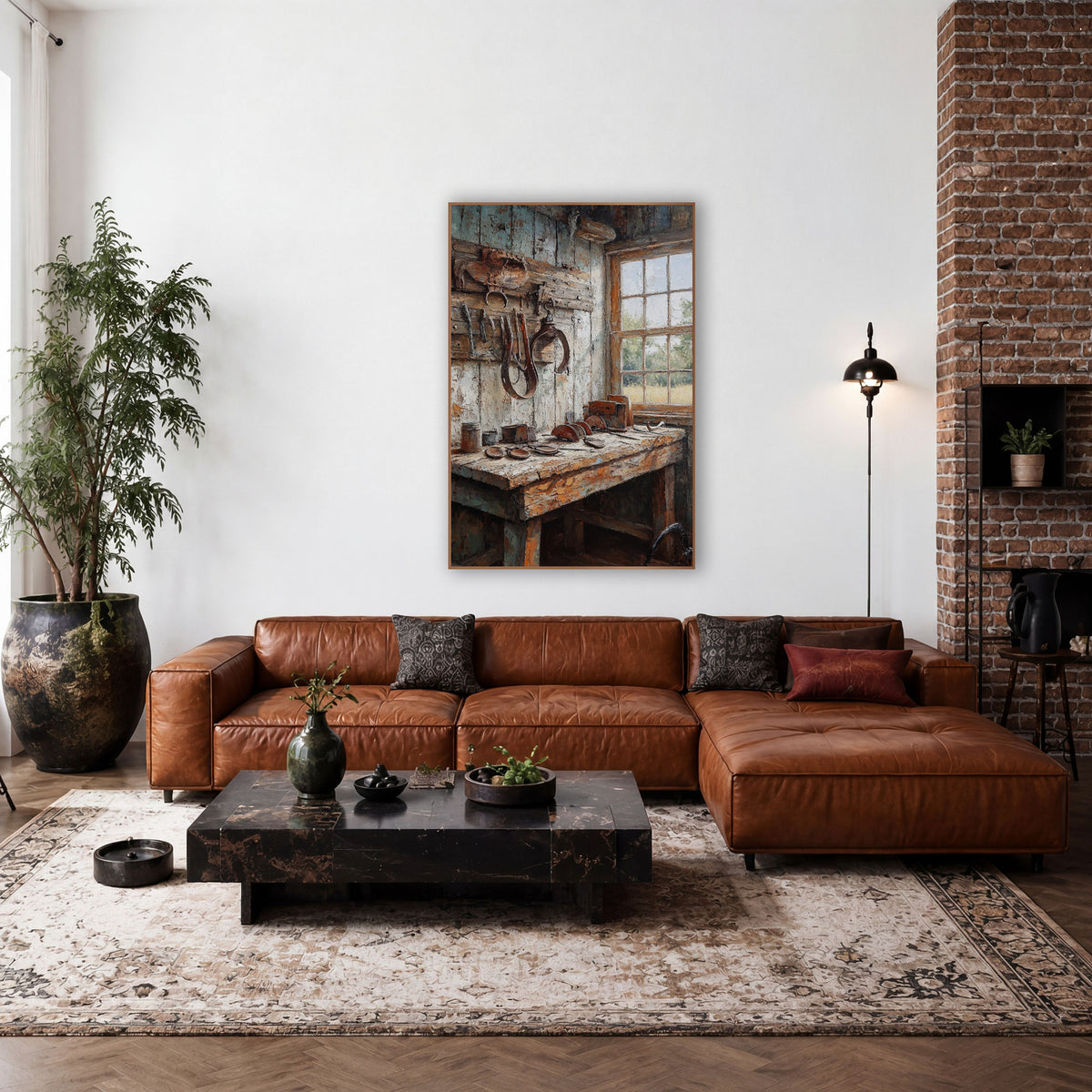 Rustic Farrier Workshop Western Scene wall art in a rustic western-style room – farrier workshop corner