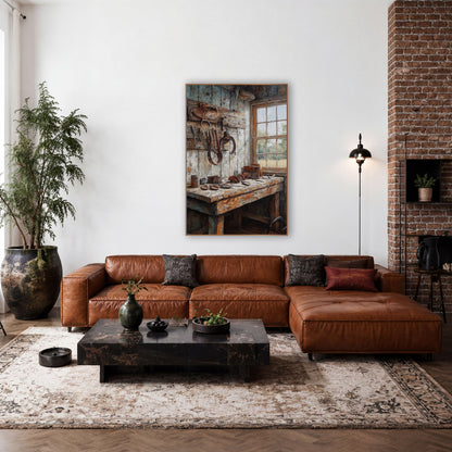 Rustic Farrier Workshop Western Scene wall art in a rustic western-style room – farrier workshop corner