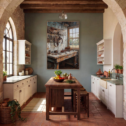 Rustic Farrier Workshop Western Scene wall art in a rustic western-style room – farrier workshop corner