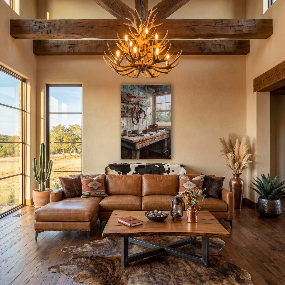 Rustic Farrier Workshop Western Scene wall art in a rustic western-style room – farrier workshop corner