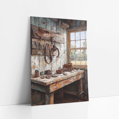 Rustic Farrier Workshop Western Scene art print leaning against a white wall – farrier workshop corner with horseshoes