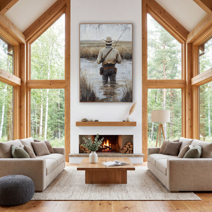 Cowboy Hat Fisherman Western Landscape wall art in a rustic western-style room – man in cream cowboy hat seen