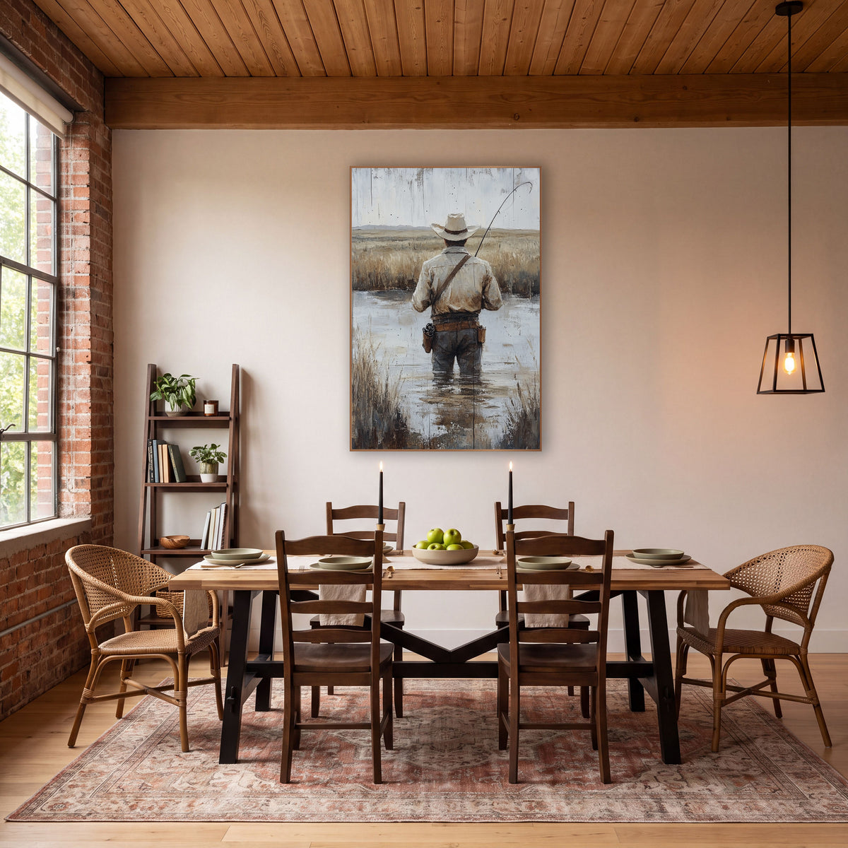 Cowboy Hat Fisherman Western Landscape wall art in a rustic western-style room – man in cream cowboy hat seen