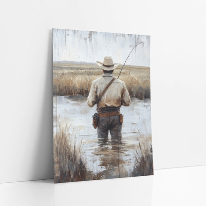 Cowboy Hat Fisherman Western Landscape art print leaning against a white wall – man in cream cowboy hat seen from behind