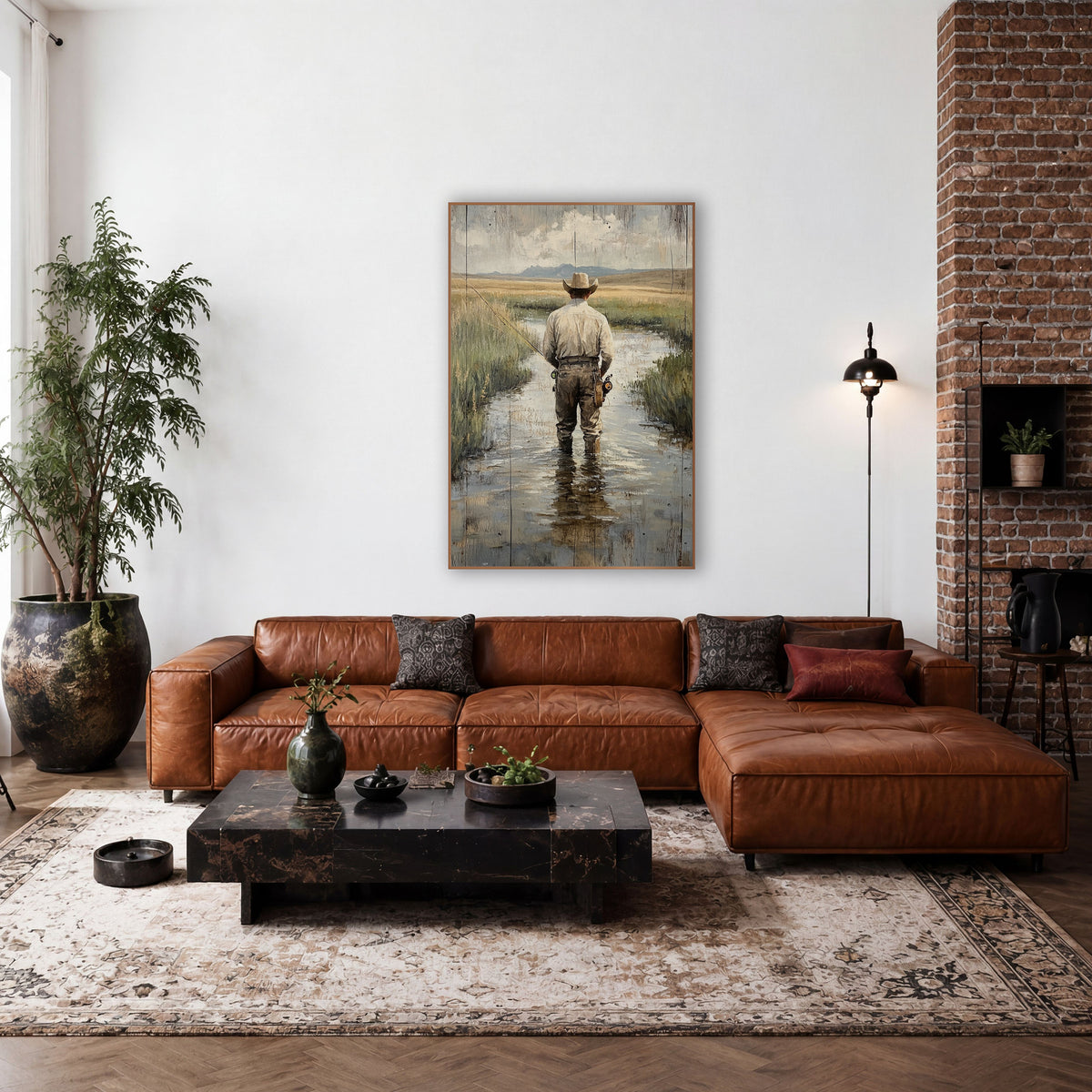 Prairie Stream Fly Fisherman Western wall art in a rustic western-style room – man in a wide-brimmed hat fly fishing