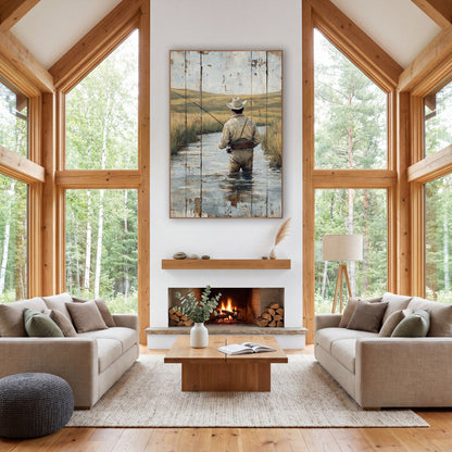 Montana Fly Fisherman Western Landscape wall art in a rustic western-style room – fisherman in a white hat wading