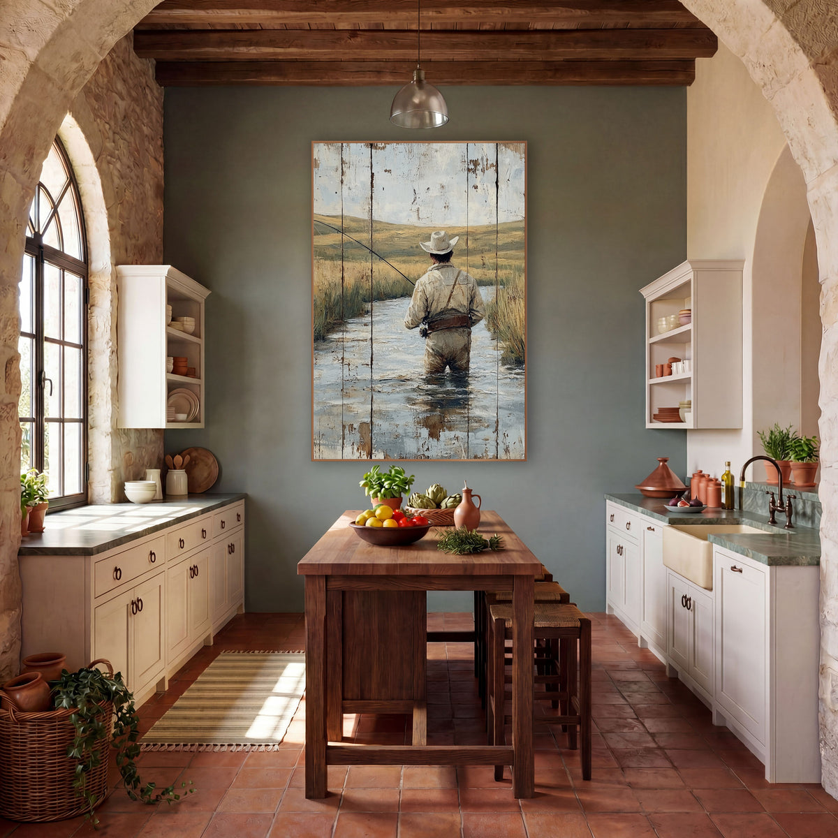 Montana Fly Fisherman Western Landscape wall art in a rustic western-style room – fisherman in a white hat wading