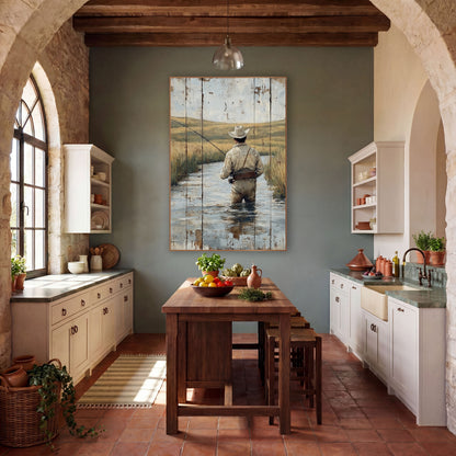 Montana Fly Fisherman Western Landscape wall art in a rustic western-style room – fisherman in a white hat wading