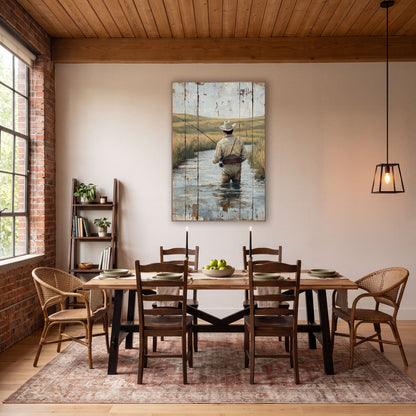 Montana Fly Fisherman Western Landscape wall art in a rustic western-style room – fisherman in a white hat wading