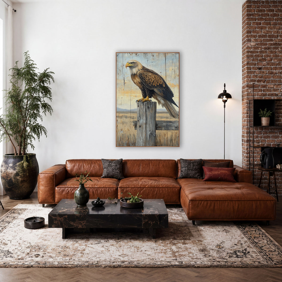 Golden Eagle Fence Post Western wall art in a rustic western-style room – large brown eagle with pale head and yellow