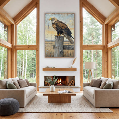Golden Eagle Fence Post Western wall art in a rustic western-style room – large brown eagle with pale head and yellow