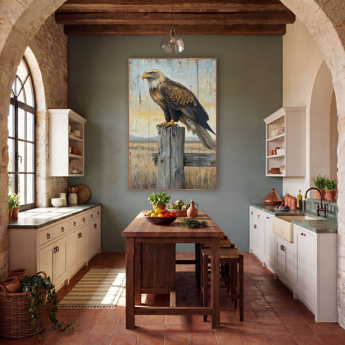Golden Eagle Fence Post Western wall art in a rustic western-style room – large brown eagle with pale head and yellow