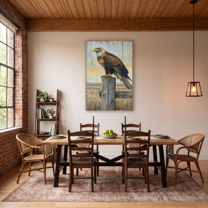 Golden Eagle Fence Post Western wall art in a rustic western-style room – large brown eagle with pale head and yellow