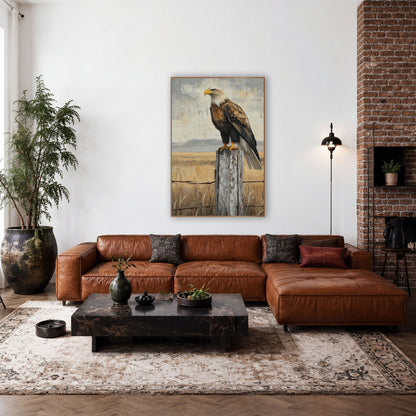 Perched Eagle Fence Post Western wall art in a rustic western-style room – eagle with white head and yellow beak