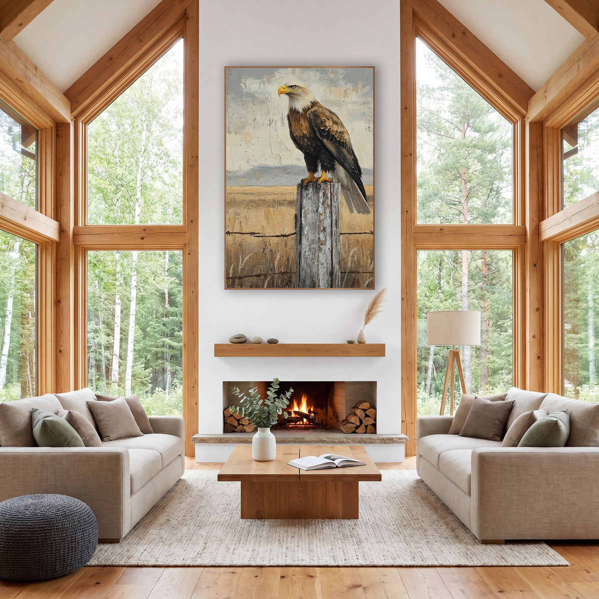Perched Eagle Fence Post Western wall art in a rustic western-style room – eagle with white head and yellow beak