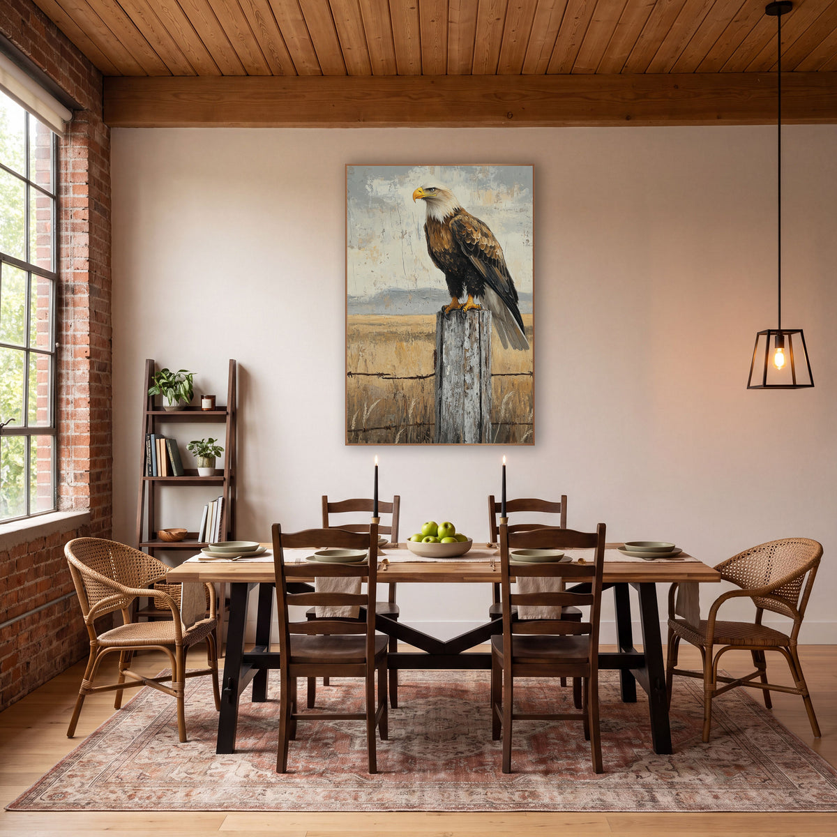 Perched Eagle Fence Post Western wall art in a rustic western-style room – eagle with white head and yellow beak