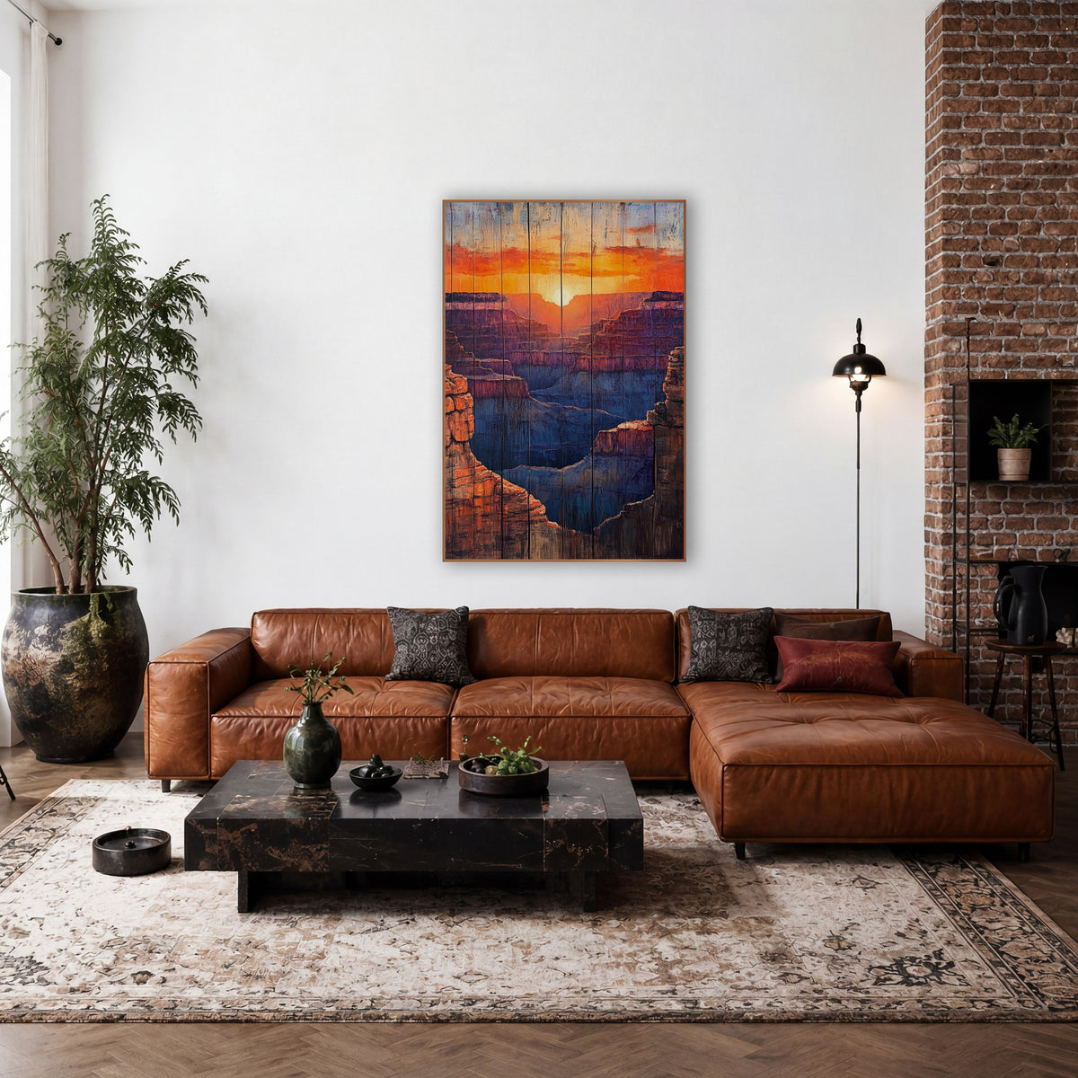 Layered Canyon Sunset Western Decor wall art in a rustic western-style room – canyon sunset with a glowing sun, orange