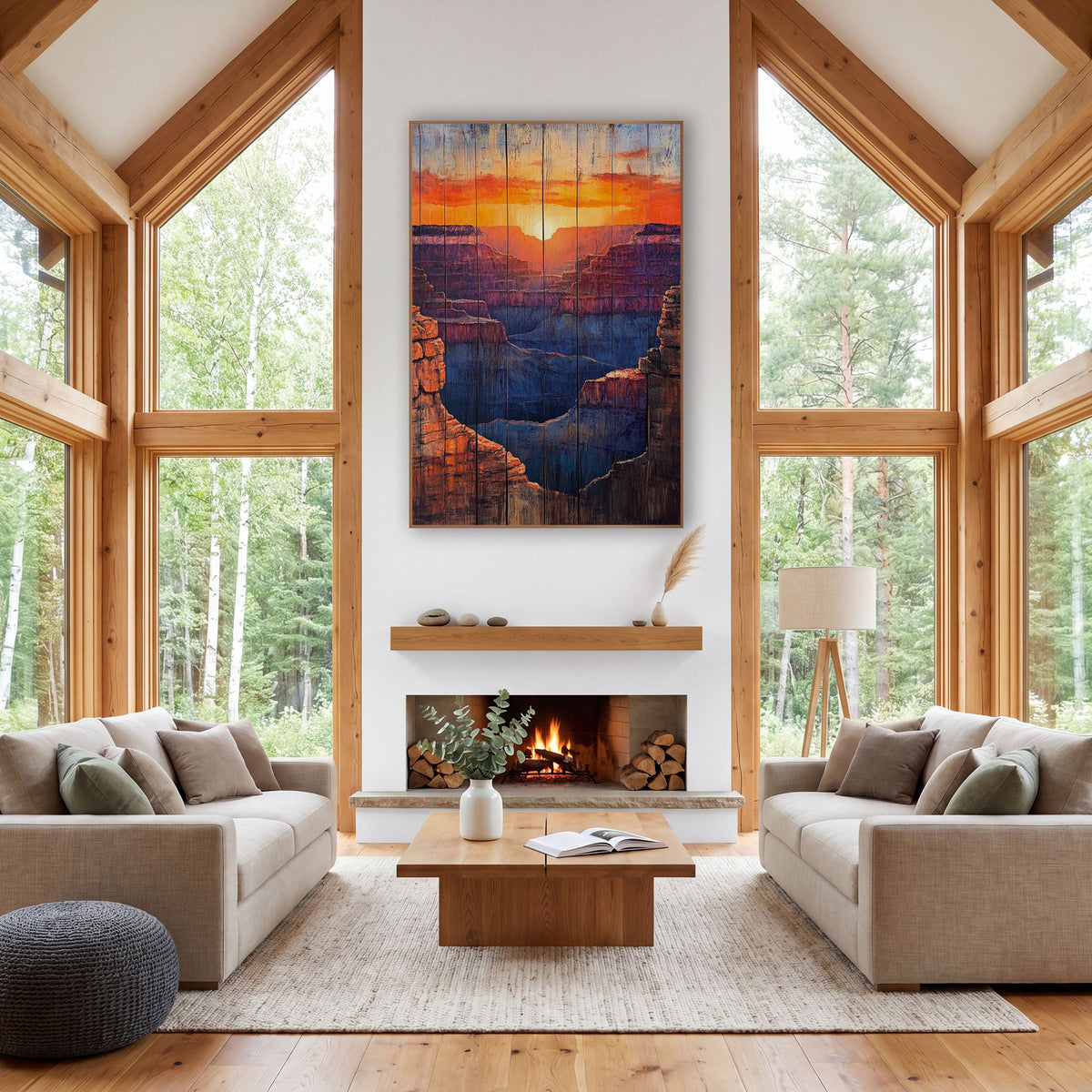 Layered Canyon Sunset Western Decor wall art in a rustic western-style room – canyon sunset with a glowing sun, orange
