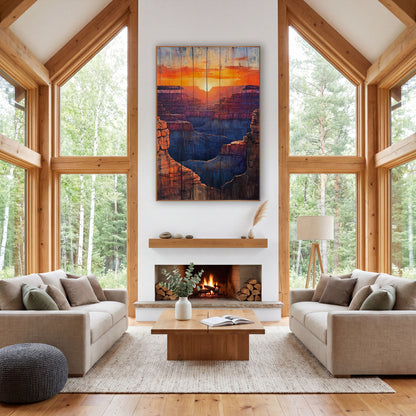 Layered Canyon Sunset Western Decor wall art in a rustic western-style room – canyon sunset with a glowing sun, orange