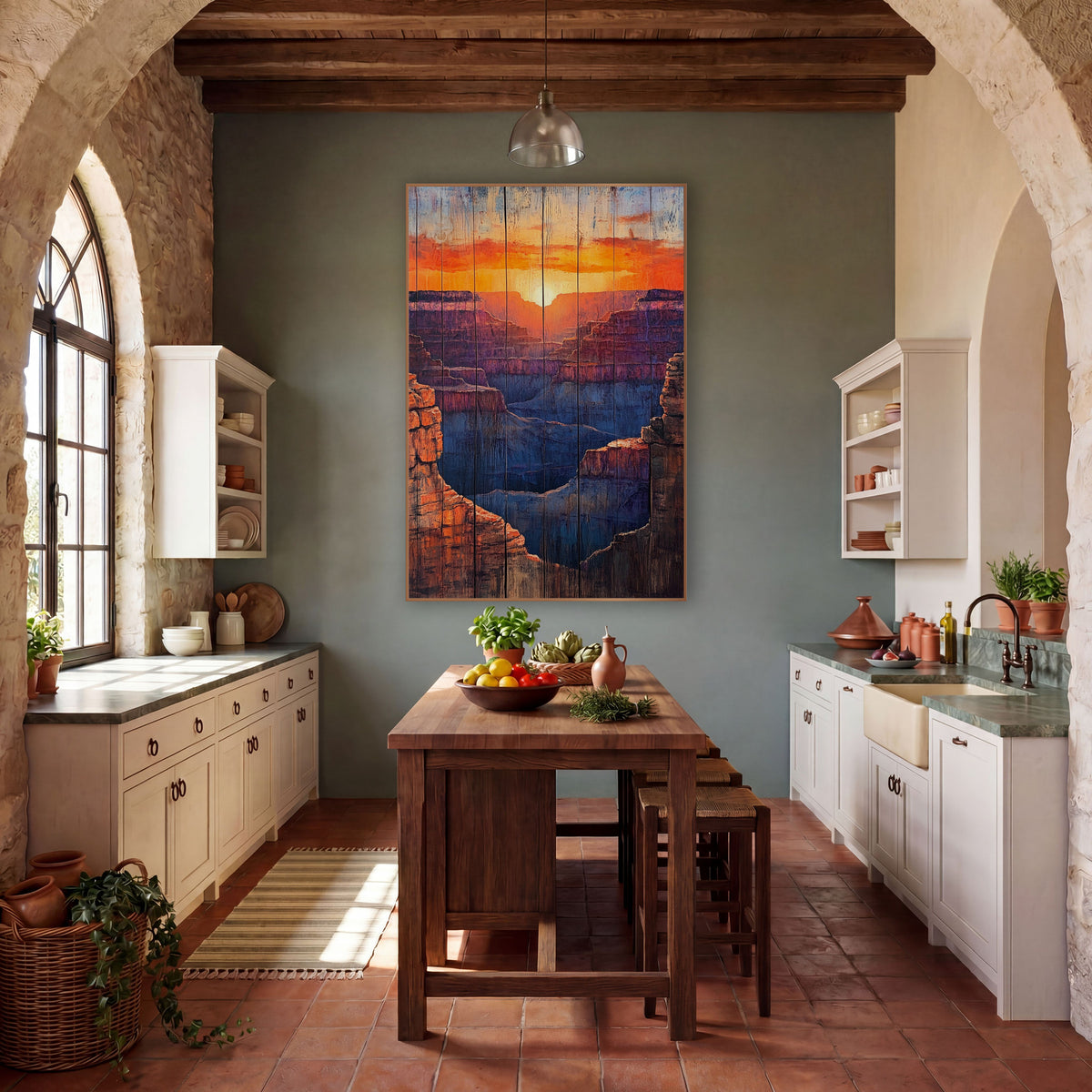 Layered Canyon Sunset Western Decor wall art in a rustic western-style room – canyon sunset with a glowing sun, orange