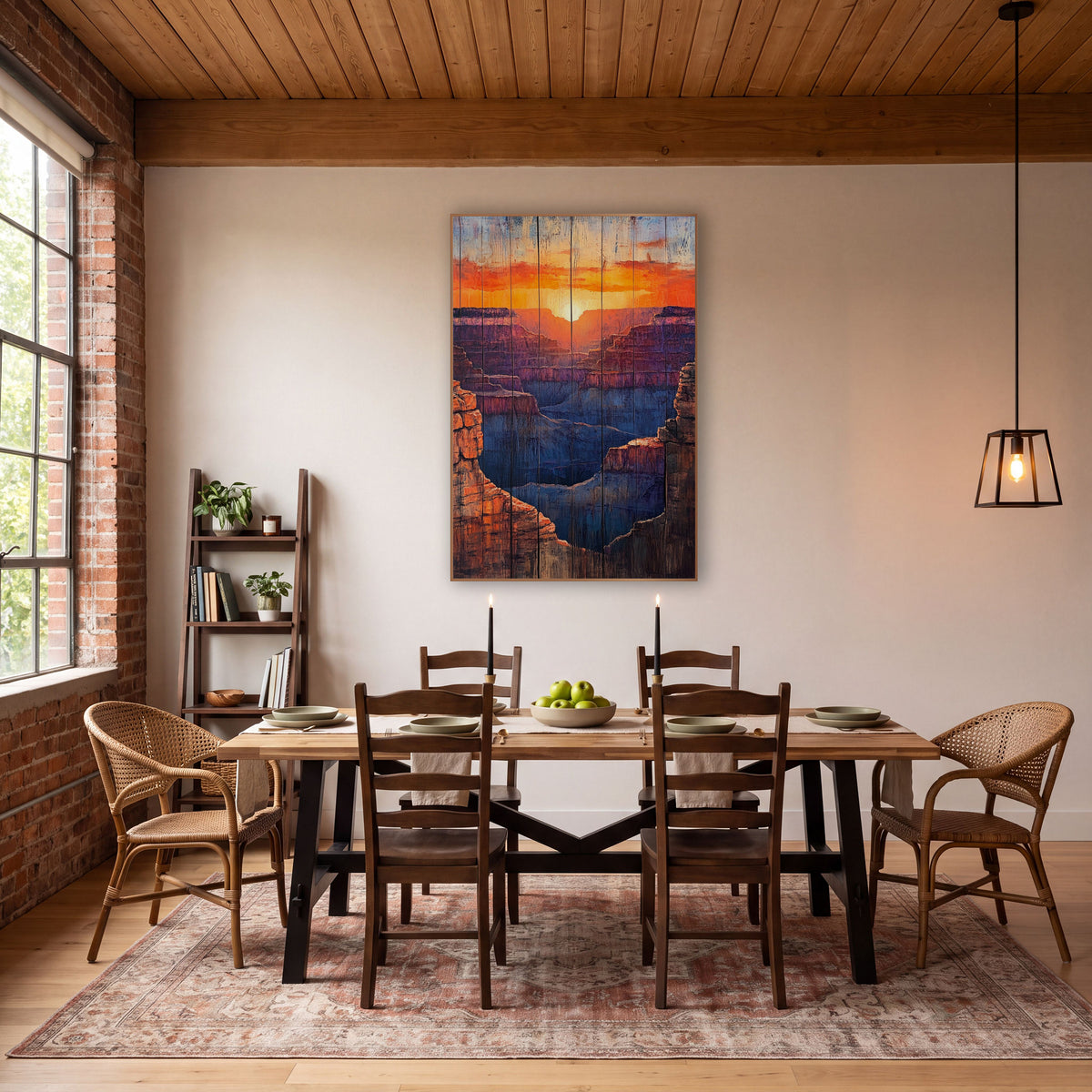 Layered Canyon Sunset Western Decor wall art in a rustic western-style room – canyon sunset with a glowing sun, orange