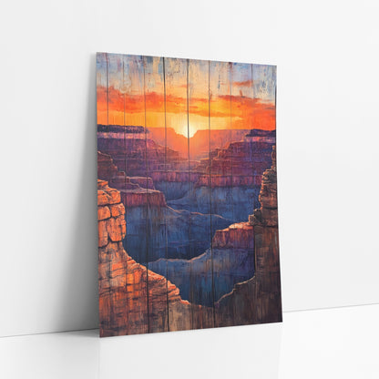 Layered Canyon Sunset Western Decor art print leaning against a white wall – canyon sunset with a glowing sun, orange clouds