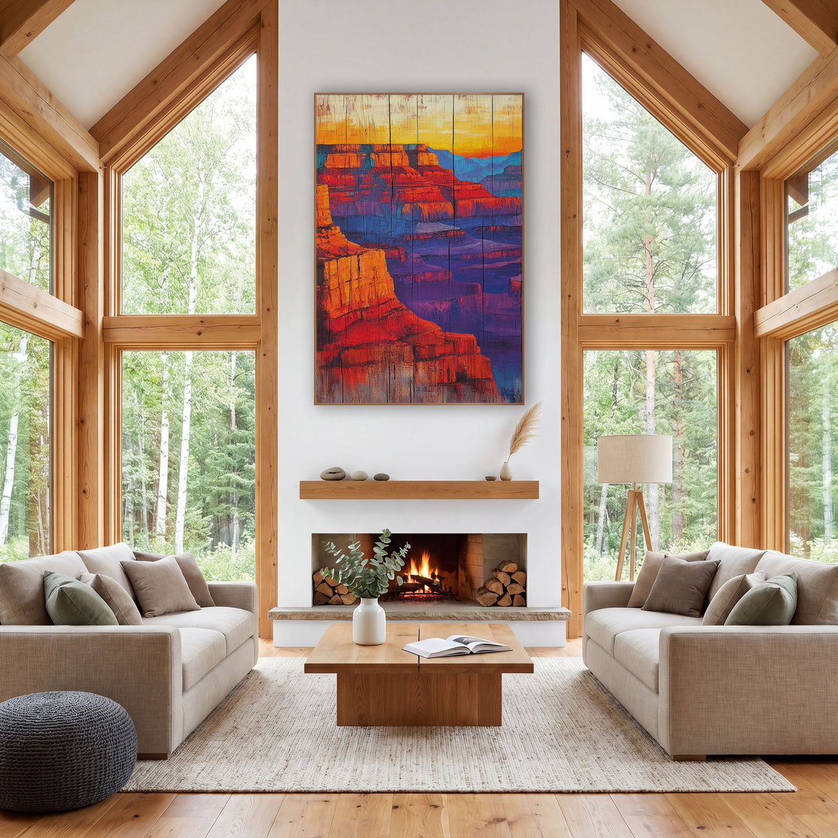 Fiery Canyon Cliffs Southwestern Decor wall art in a rustic western-style room – canyon cliffs in red and orange glow