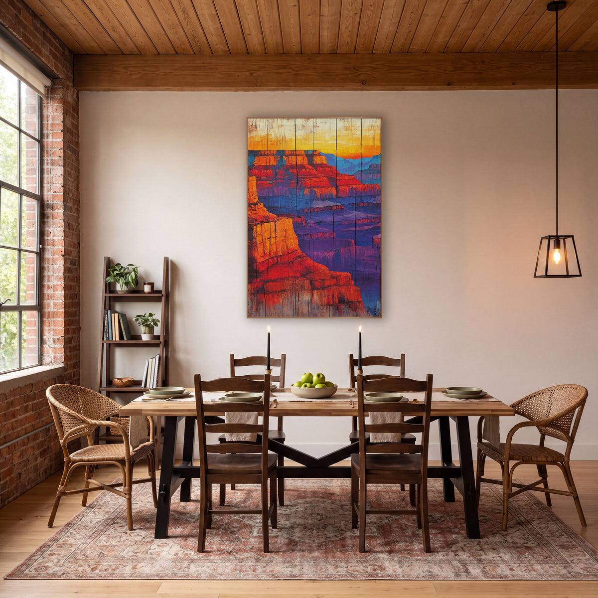 Fiery Canyon Cliffs Southwestern Decor wall art in a rustic western-style room – canyon cliffs in red and orange glow