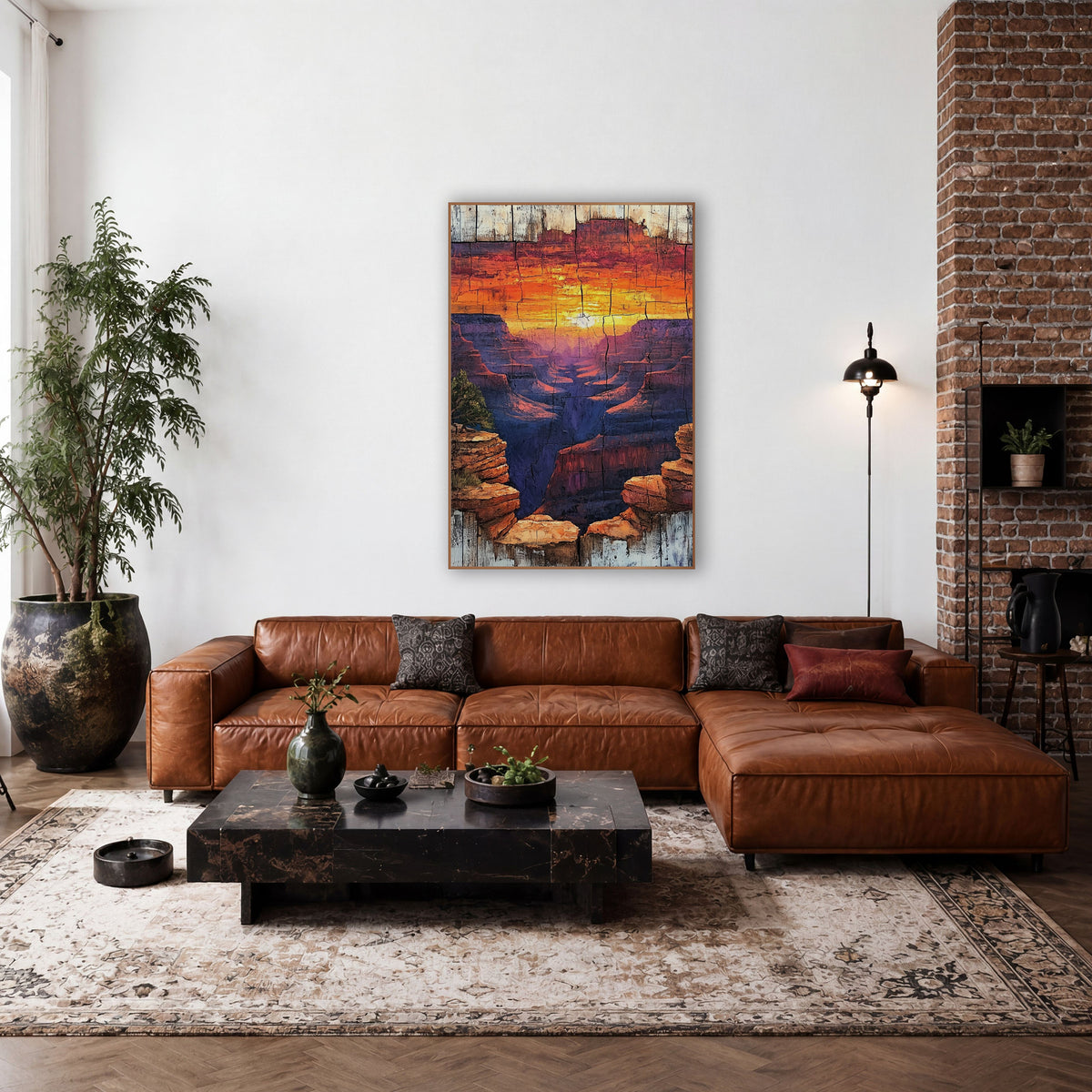 Sunset Canyon Weathered Western Decor wall art in a rustic western-style room – orange and gold sunset over purple