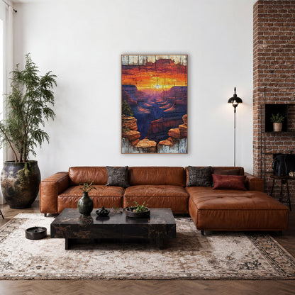 Sunset Canyon Weathered Western Decor wall art in a rustic western-style room – orange and gold sunset over purple