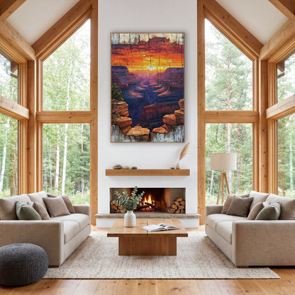 Sunset Canyon Weathered Western Decor wall art in a rustic western-style room – orange and gold sunset over purple