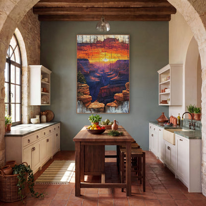 Sunset Canyon Weathered Western Decor wall art in a rustic western-style room – orange and gold sunset over purple