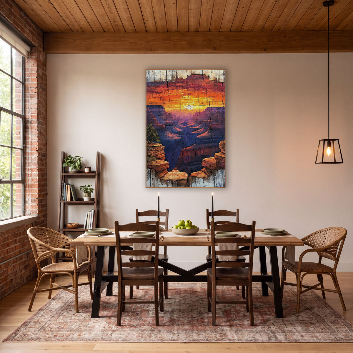 Sunset Canyon Weathered Western Decor wall art in a rustic western-style room – orange and gold sunset over purple