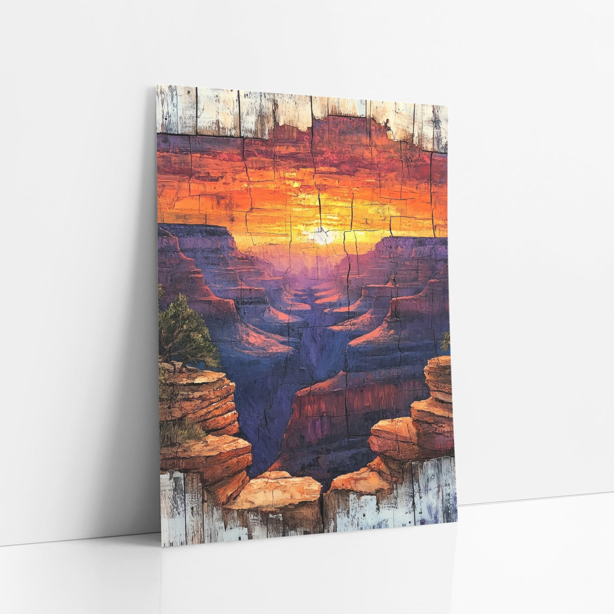 Sunset Canyon Weathered Western Decor art print leaning against a white wall – orange and gold sunset over purple canyon