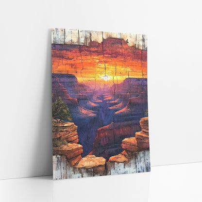 Sunset Canyon Weathered Western Decor art print leaning against a white wall – orange and gold sunset over purple canyon