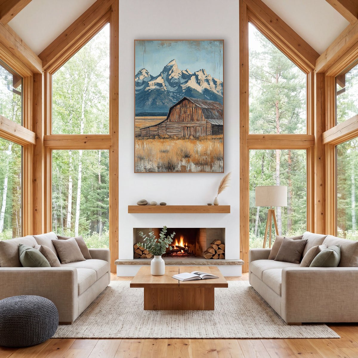 Grand Teton Barn Western Landscape wall art in a rustic western-style room – weathered wooden barn in golden grass