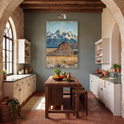 Grand Teton Barn Western Landscape wall art in a rustic western-style room – weathered wooden barn in golden grass