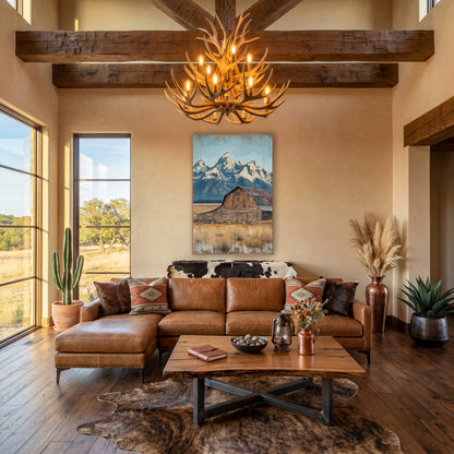 Grand Teton Barn Western Landscape wall art in a rustic western-style room – weathered wooden barn in golden grass
