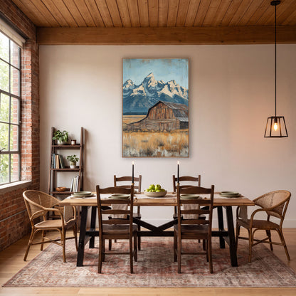 Grand Teton Barn Western Landscape wall art in a rustic western-style room – weathered wooden barn in golden grass