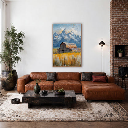 Rustic Barn Teton Mountain Landscape wall art in a rustic western-style room – weathered wooden barn with rust-orange