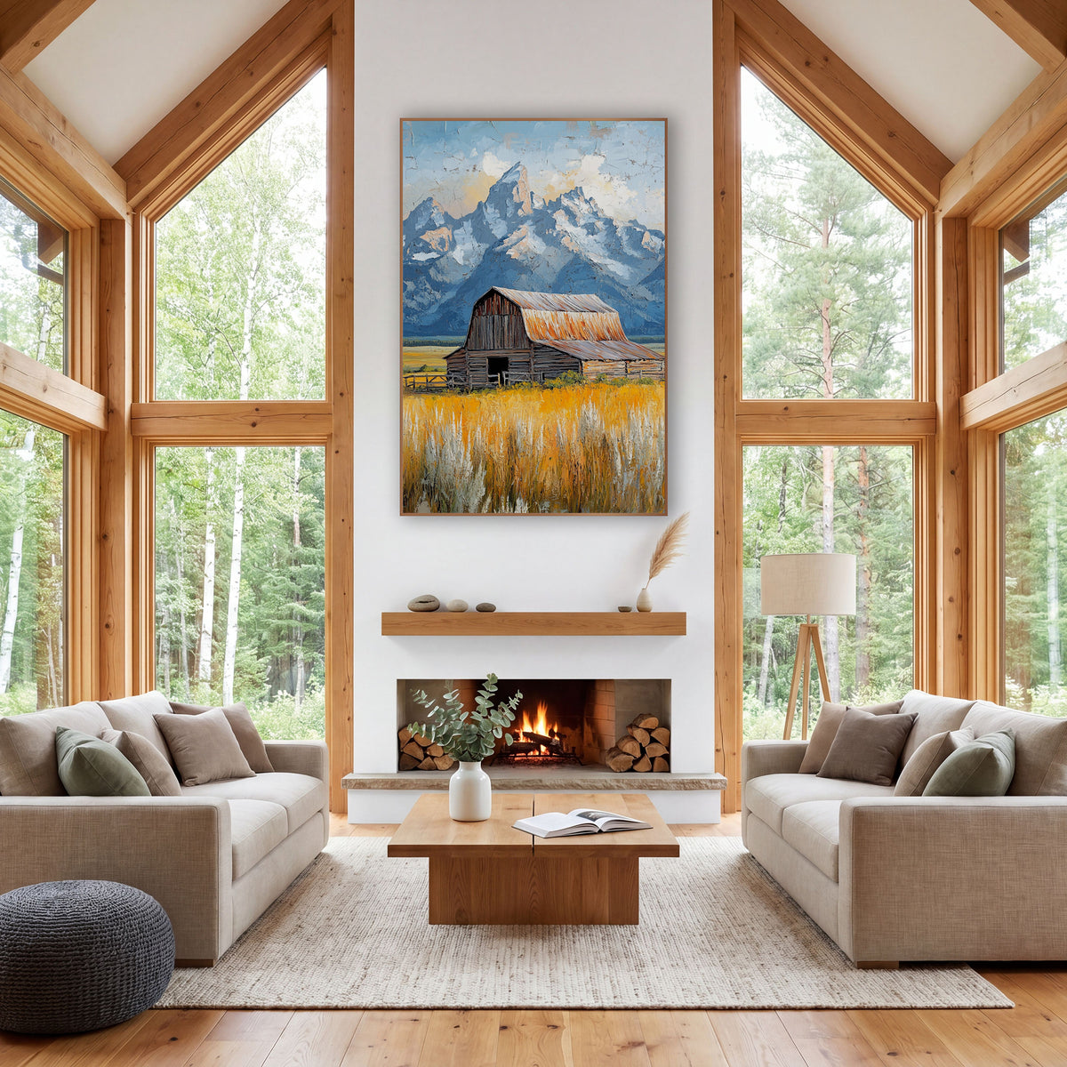 Rustic Barn Teton Mountain Landscape wall art in a rustic western-style room – weathered wooden barn with rust-orange
