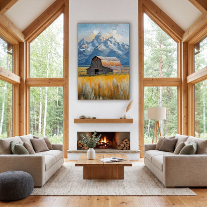 Rustic Barn Teton Mountain Landscape wall art in a rustic western-style room – weathered wooden barn with rust-orange