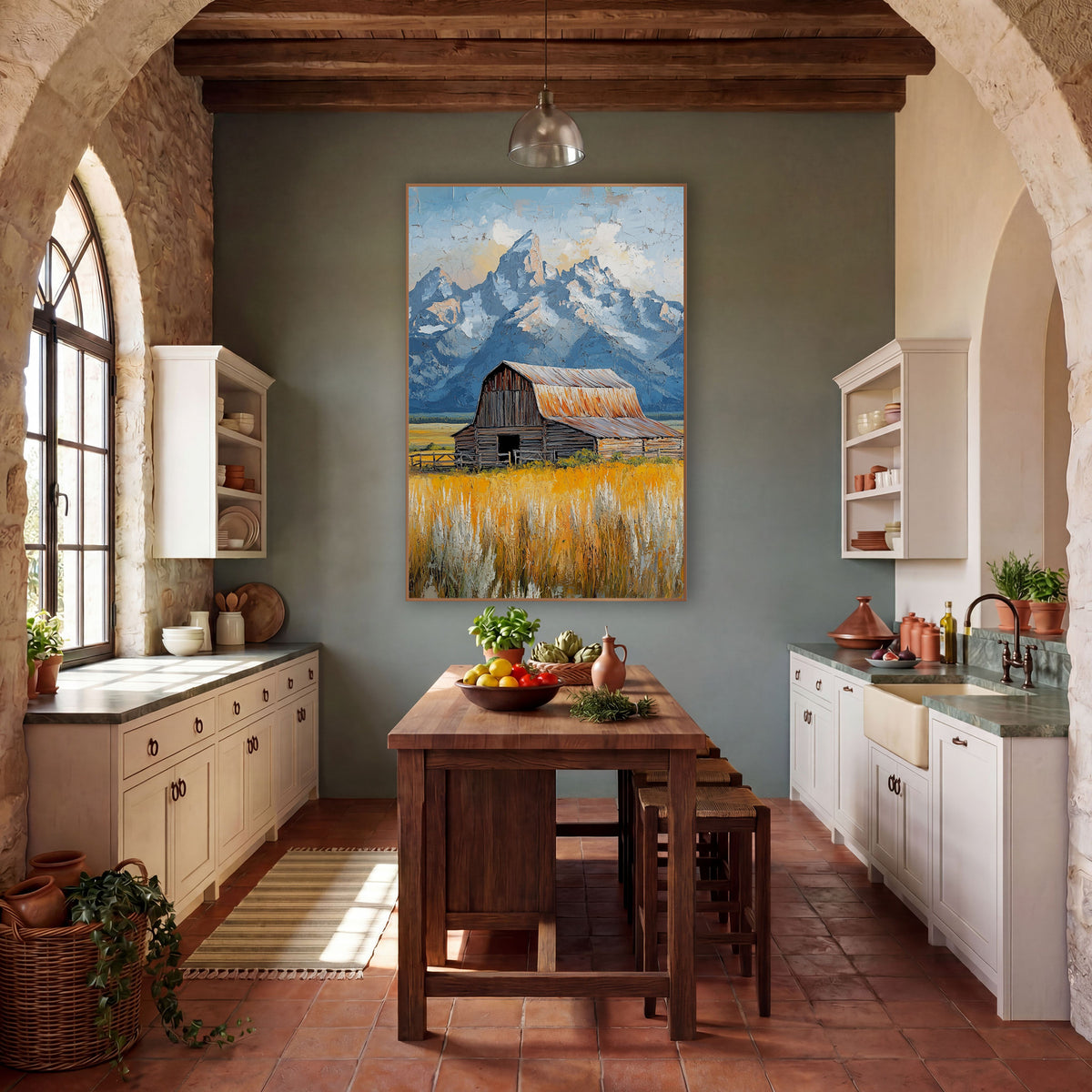 Rustic Barn Teton Mountain Landscape wall art in a rustic western-style room – weathered wooden barn with rust-orange
