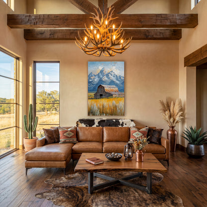 Rustic Barn Teton Mountain Landscape wall art in a rustic western-style room – weathered wooden barn with rust-orange