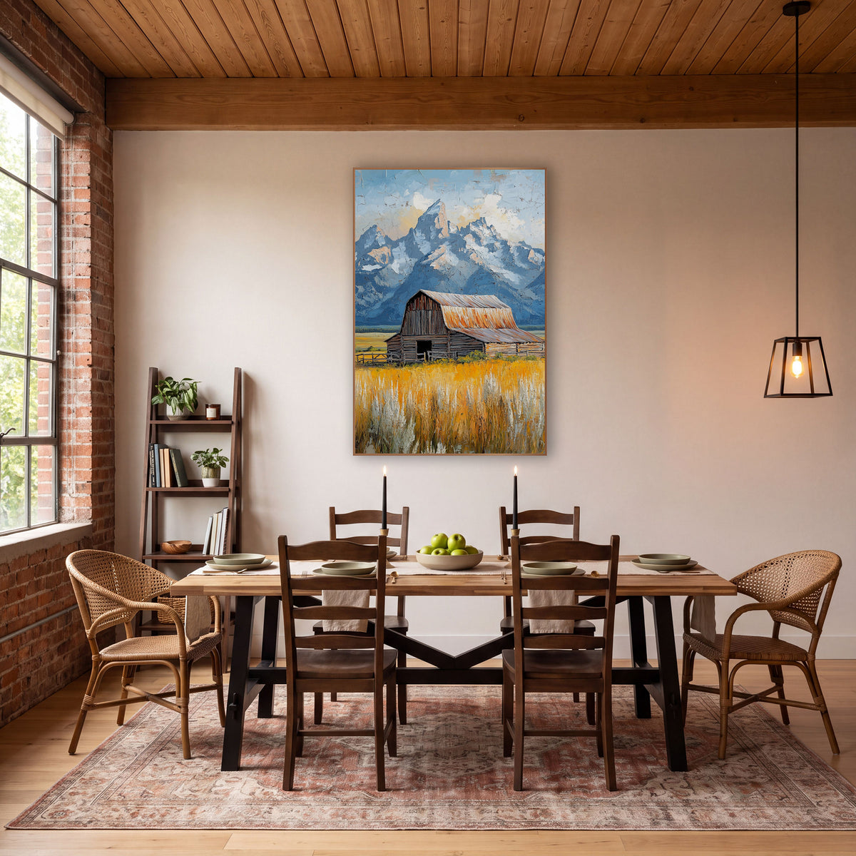 Rustic Barn Teton Mountain Landscape wall art in a rustic western-style room – weathered wooden barn with rust-orange